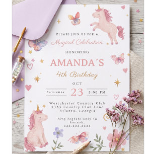 Magical Unicorn Butterfly Pink Floral 4th Birthday Invitation