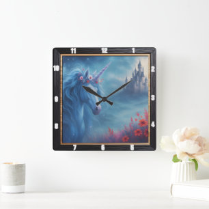 Magical Unicorn Castle Fantasy Square Wall Clock