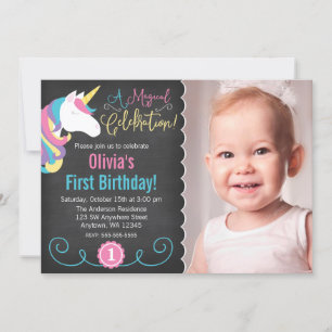 Magical Unicorn Chalkboard Photo Birthday Invite