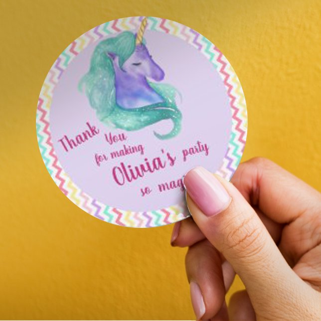 Magical Unicorn Chevron Pastel Kids Birthday Party Classic Round Sticker (Magical Unicorn Chevron Pastel Kids Birthday Party Classic Round Sticker)