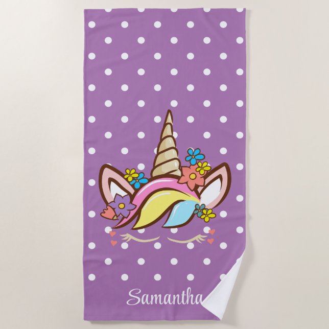 Magical Unicorn Colourful Girl Name Floral Purple Beach Towel (Front)