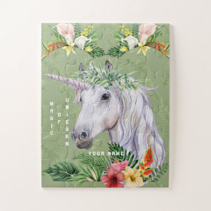 Magical Unicorn Exotic Tropical Flowers Monogram Jigsaw Puzzle