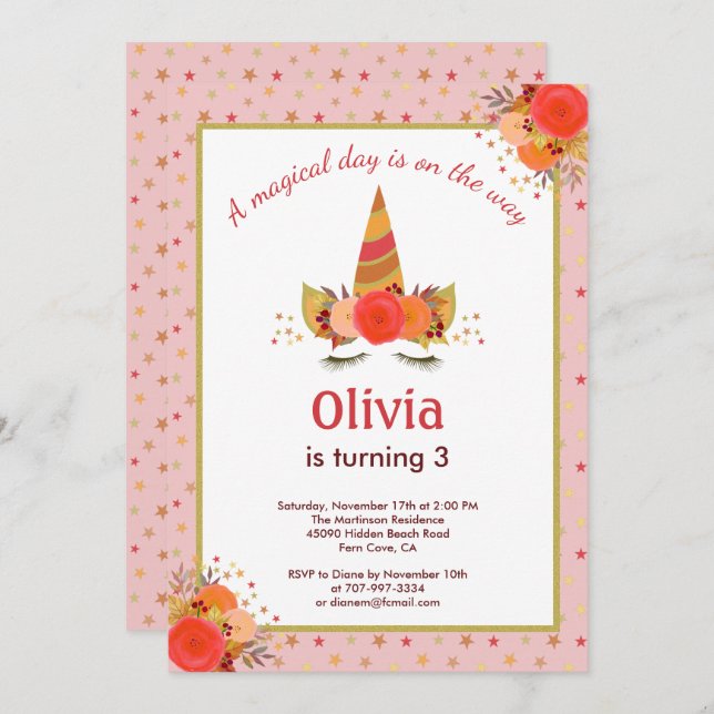Magical Unicorn Fall Thanksgiving Birthday Party Invitation (Front/Back)
