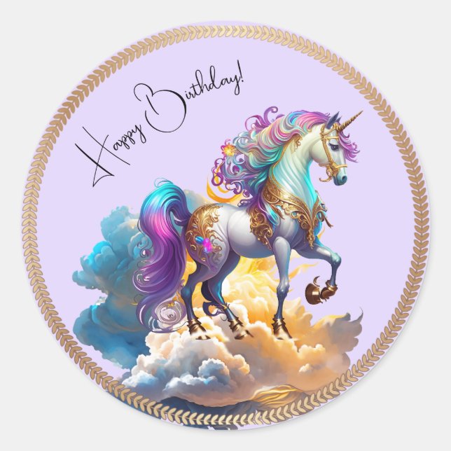 Magical Unicorn Fantasy clouds romance birthday  Classic Round Sticker (Front)