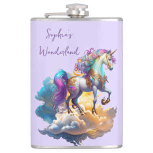 Magical Unicorn Fantasy clouds romance birthday Hip Flask