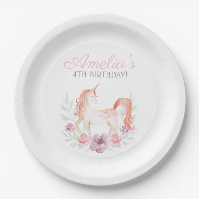 Magical Unicorn Flower wreath Birthday party Paper Plate (Front)