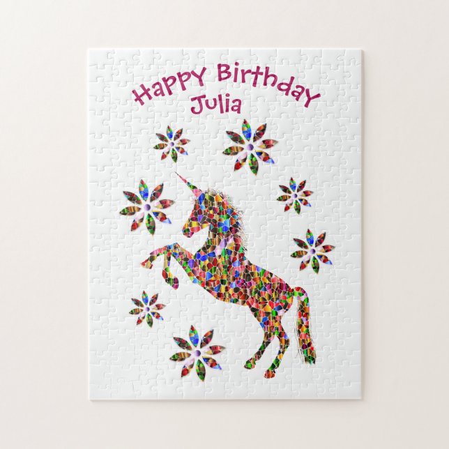 Magical Unicorn Flowers Happy Birthday Personalise Jigsaw Puzzle (Vertical)