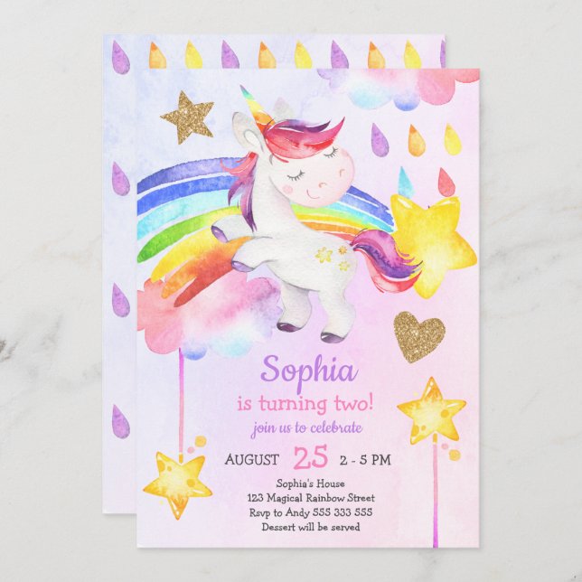 Magical Unicorn Girl Birthday Party Invitation (Front/Back)