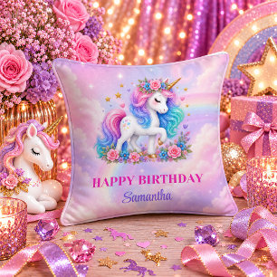 Magical Unicorn Girl Birthday Rainbow Pastel Pillo Cushion
