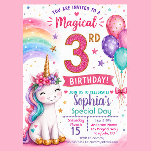 Magical Unicorn Girl's 3rd Birthday Invitation