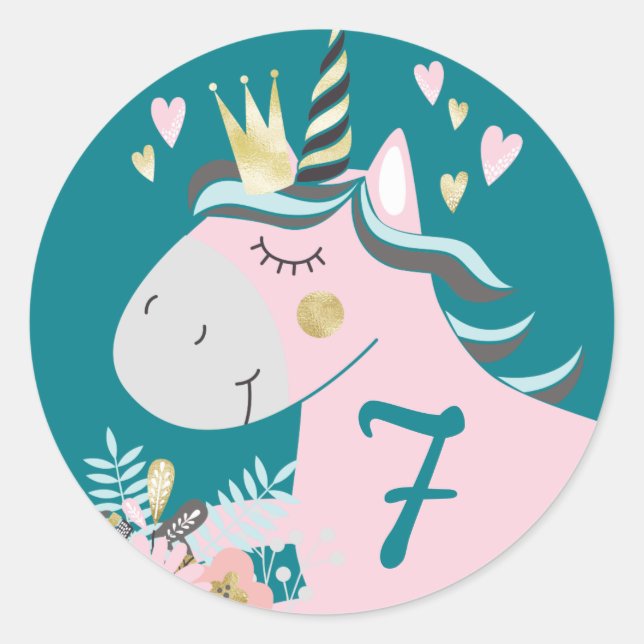 Magical Unicorn Girl's Birthday Party Custom Age Classic Round Sticker (Front)