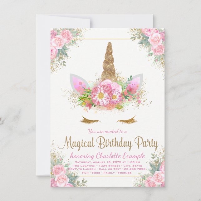 Magical Unicorn Girls Birthday Party Invitations (Front)