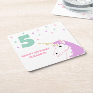 Magical Unicorn Girls Birthday Square Paper Coaster