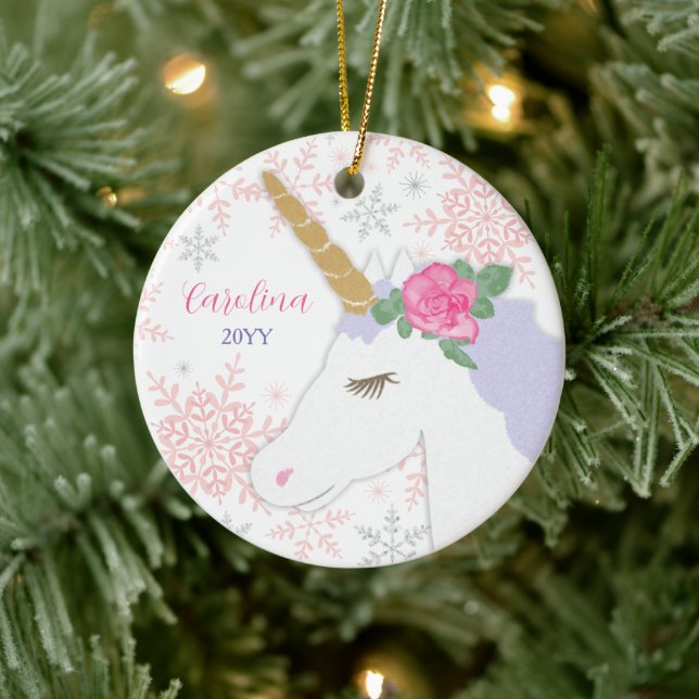 Magical Unicorn Glitter Snowflakes Custom Name Ceramic Ornament (Tree)
