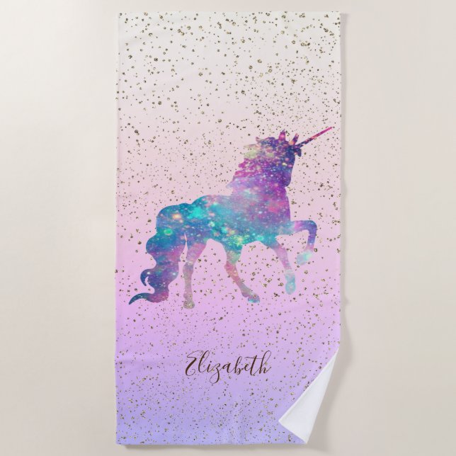 Magical Unicorn, Gold Confetti - Personalised Beach Towel (Front)