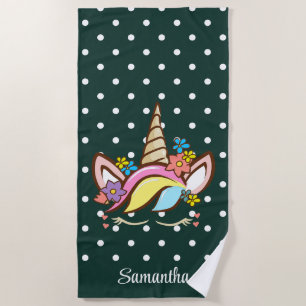 Magical Unicorn Green Girl Name Floral Beach Towel