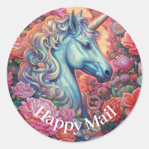 Magical Unicorn Happy Mail Classic Round Sticker