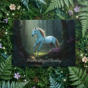Magical Unicorn in Enchanted Forest Birthday Card