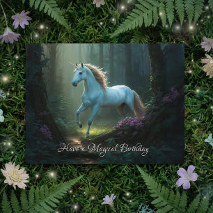 Magical Unicorn in Enchanted Forest Birthday Postcard