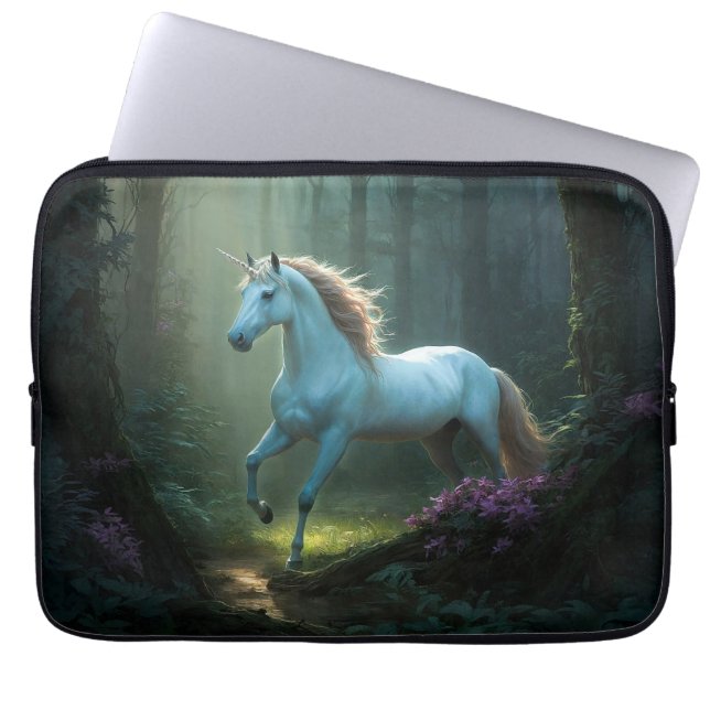 Magical Unicorn in Enchanted Forest Laptop Sleeve (Front)