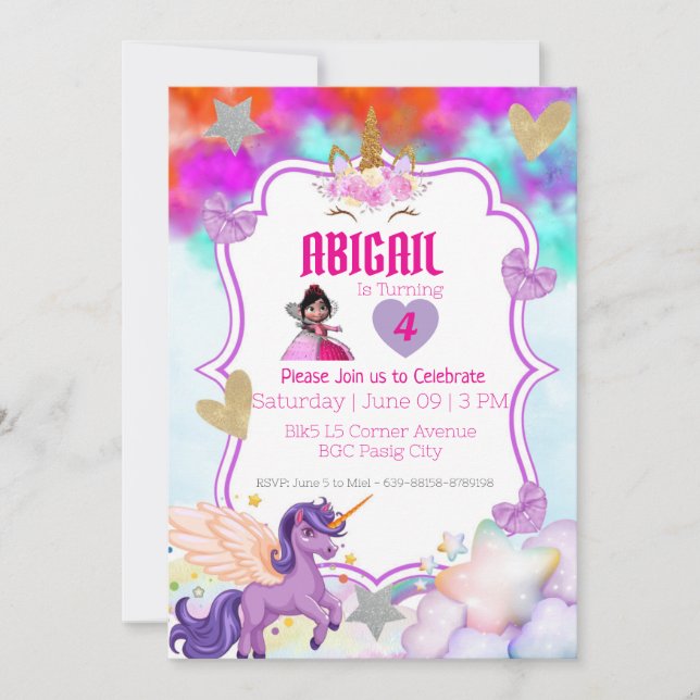Magical Unicorn Invitation – Violet & Pink Glitter (Front)
