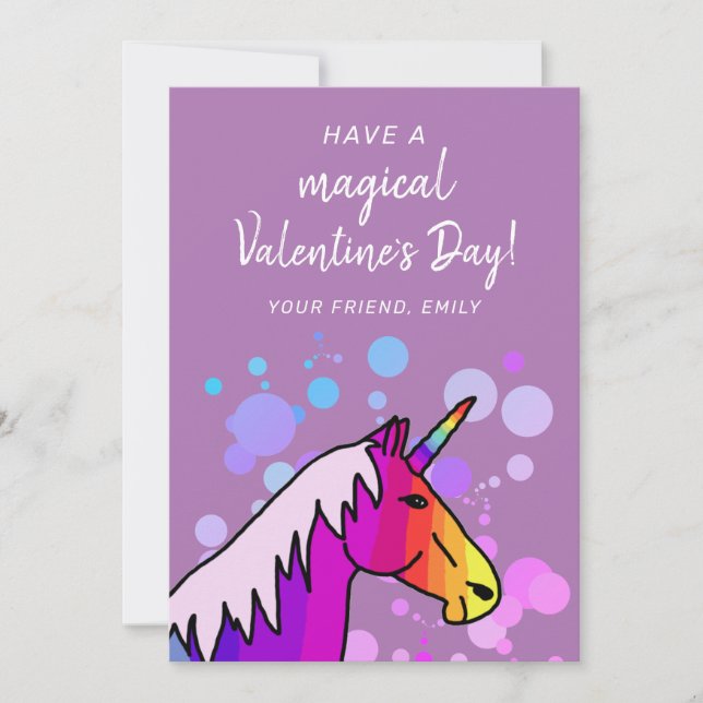Magical Unicorn Kids Classroom Valentine`s day Holiday Card (Front)