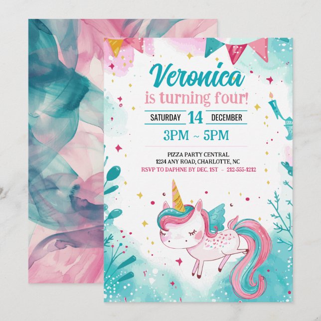 Magical Unicorn Kid's Fun Birthday Party Invitation (Front/Back)