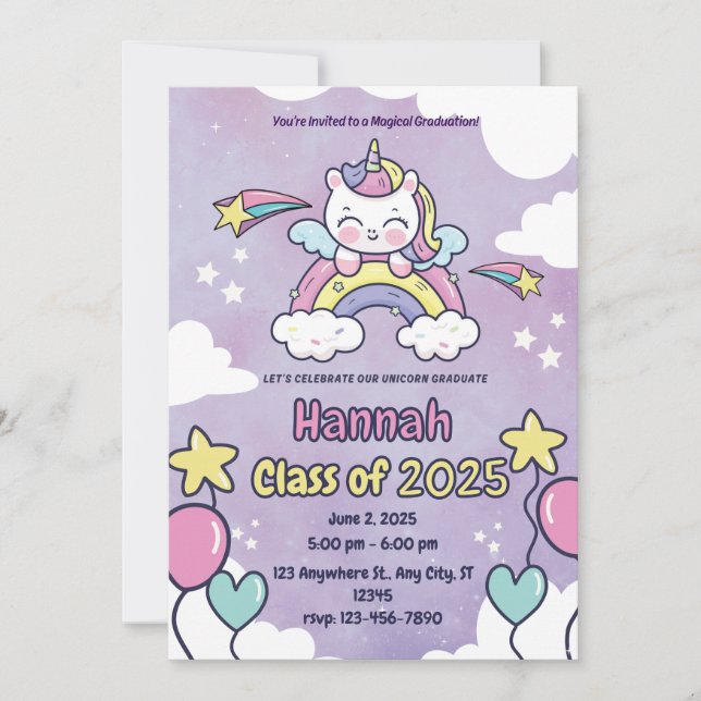 Magical Unicorn Kindergarten Graduation Invitation (Front)
