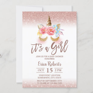 Magical Unicorn Modern Rose Gold Girl Baby Shower Invitation