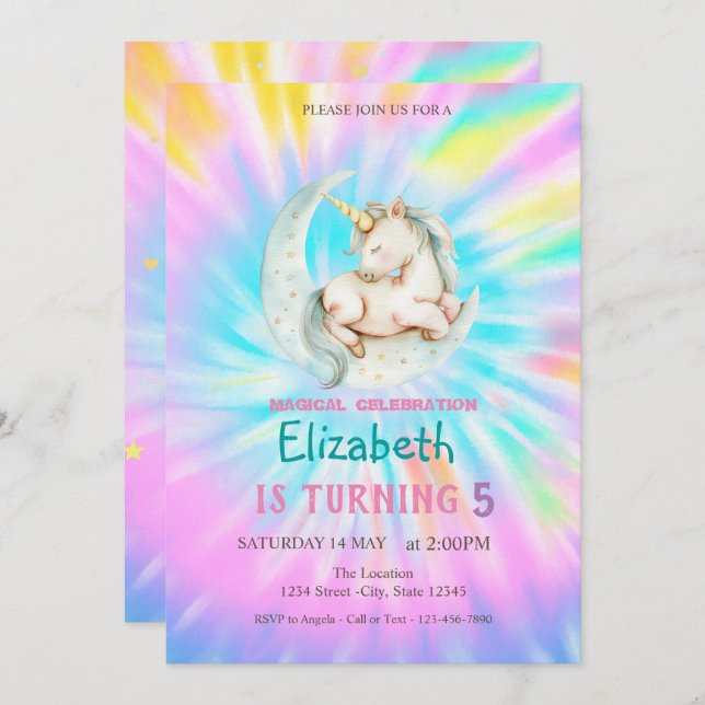 Magical Unicorn Moon Rainbow Tie Dye Birthday Invitation (Front/Back)