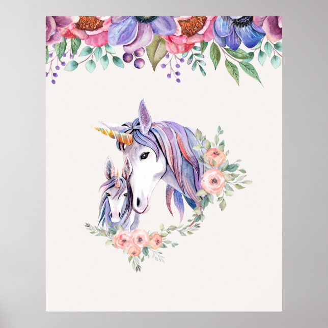 Magical Unicorn Mum & Baby Watercolor Poster (Front)