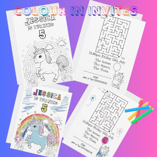 Magical Unicorn Party Invite colouring in colour