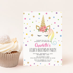 Magical Unicorn Pastel Gold Fairytale Birthday Invitation