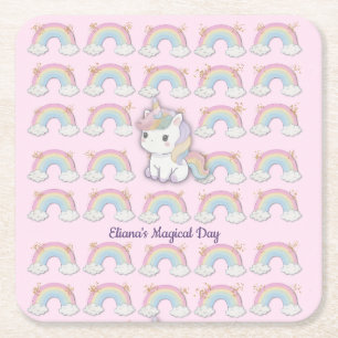 Magical Unicorn Pastel Rainbow Party  Square Paper Coaster