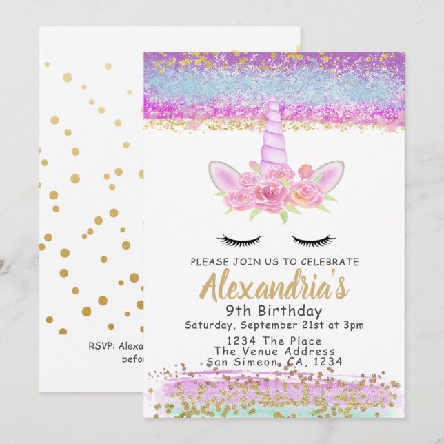 Magical Unicorn Personalised Birthday Party Invitation (Front/Back)