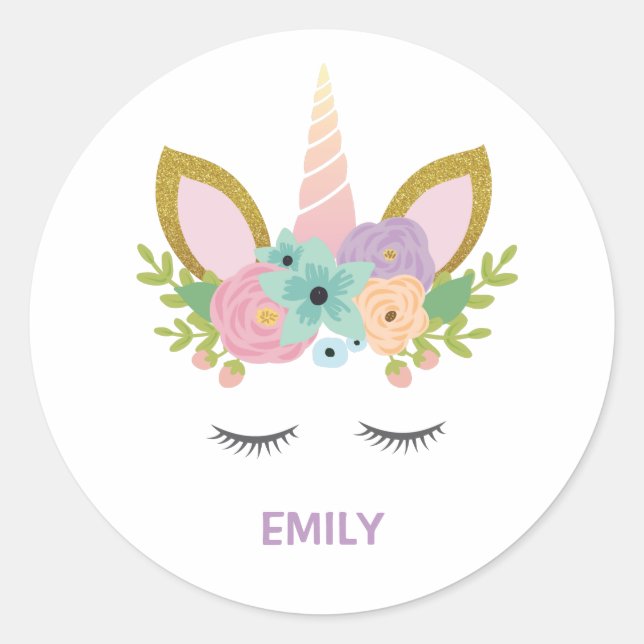 Magical Unicorn Personalised  name glitter girly   Classic Round Sticker (Front)