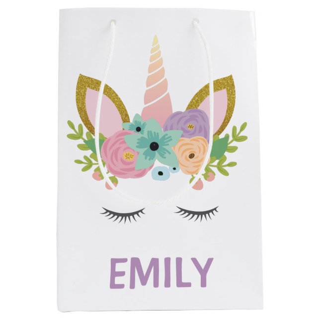 Magical Unicorn Personalised  name glitter girly   Medium Gift Bag (Front)