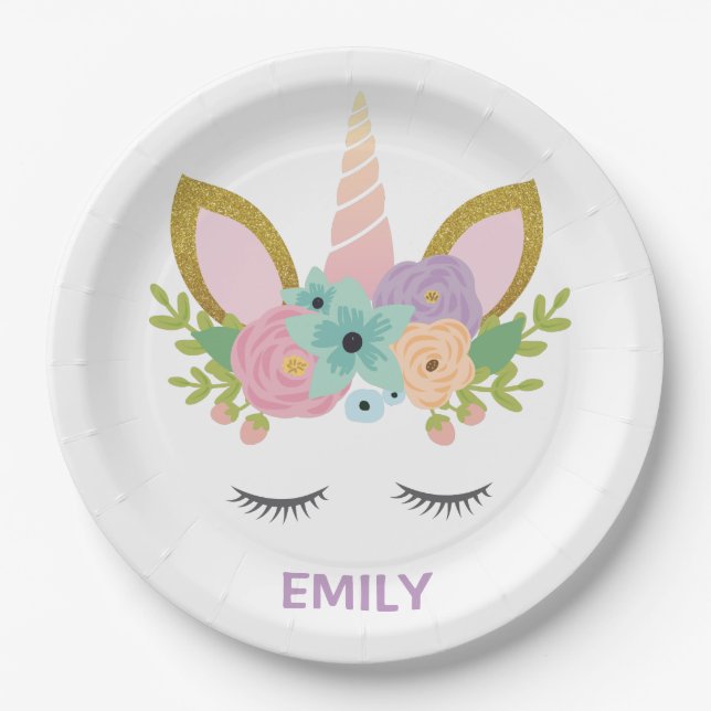Magical Unicorn Personalised  name glitter girly   Paper Plate (Front)