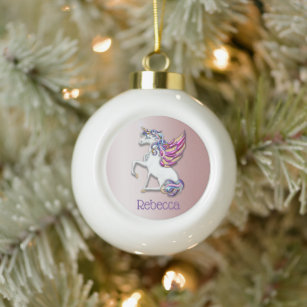 Magical Unicorn Personalised Pink Ceramic Ball Christmas Ornament