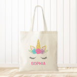 Magical Unicorn Personalised Tote Bag<br><div class="desc">Sweet unicorn face girl tote bag that little girls will love! Pink,  purple,  teal flowers and a touch of faux glitter. Perfect for a unicorn birthday party or flower girl.</div>
