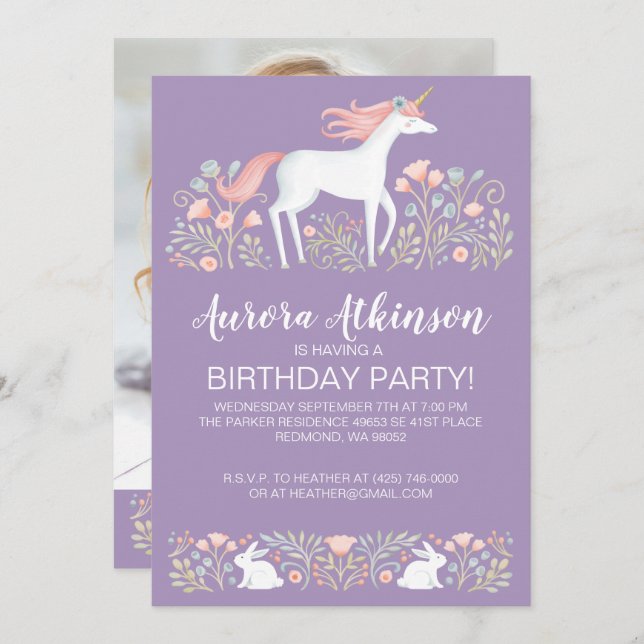 Magical Unicorn Photo Birthday Party Invitation (Front/Back)
