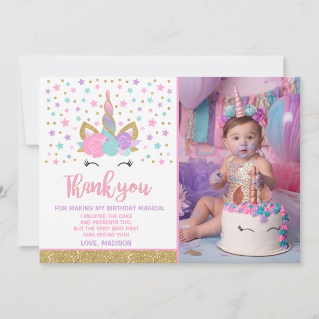 Magical Unicorn Photo Thank You Card Pink Gold (Front)