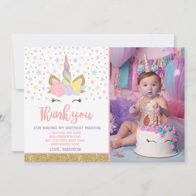 Magical Unicorn Photo Thank You Card Pink Gold (Front)