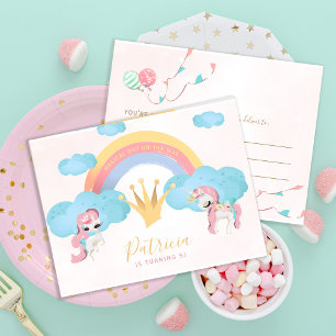Magical unicorn pink and gold girls birthday party postcard