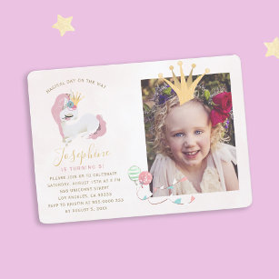 Magical unicorn pink and gold girls photo birthday invitation