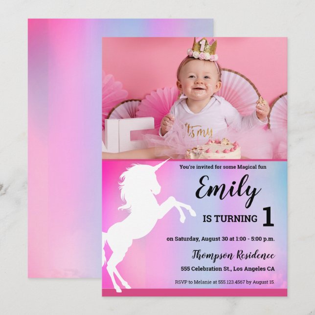 Magical Unicorn Pink Custom Photo 1st birthday Invitation (Front/Back)