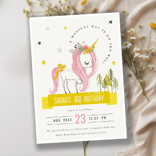 Magical Unicorn Pink Yellow Kids Birthday Photo Invitation