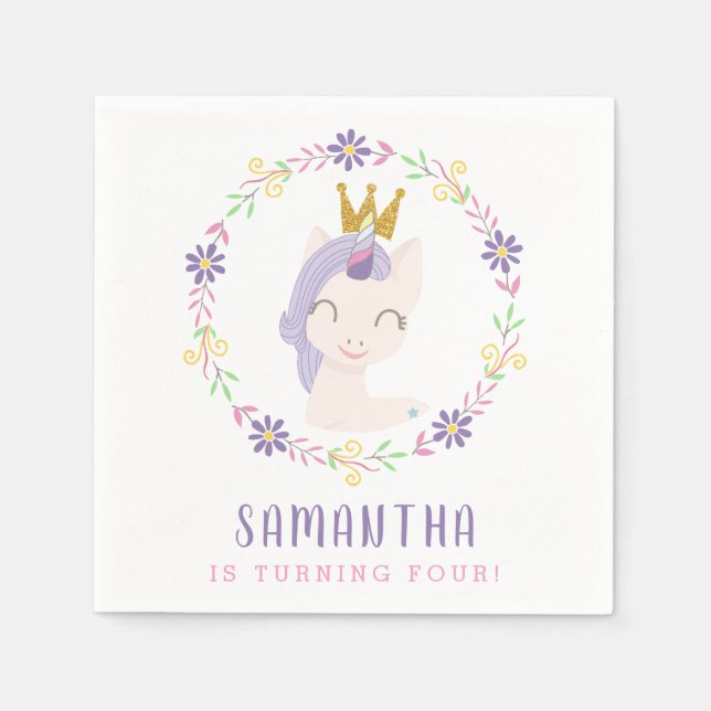 Magical Unicorn Princess | Girl Birthday Party Napkin (Front)