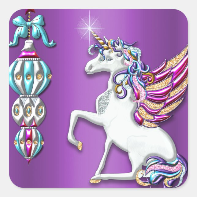 Magical Unicorn Purple Christmas Square Sticker (Front)