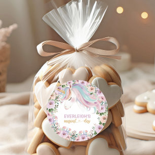 Magical Unicorn Purple Flower 1st birthday Classic Round Sticker